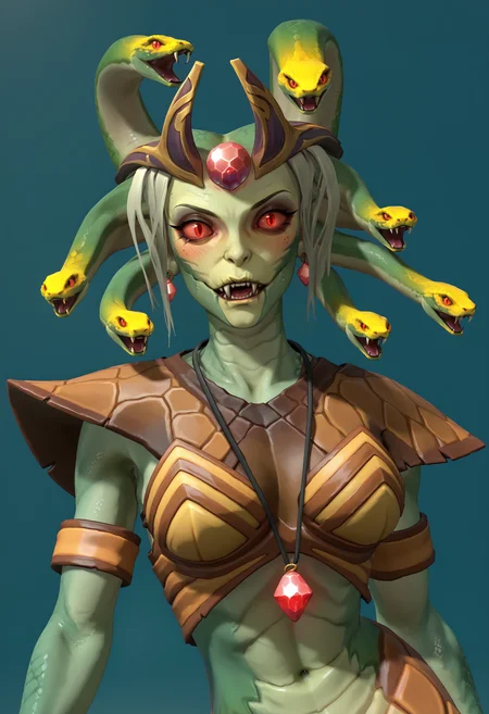 score_9, score_8_up, score_7_up, score_6_up, score_5_up, score_4_up, 1girl <lora:MedusaDota2:0.75> solo, breasts, green skin, colored skin, red eyes, colored sclera. glowing, snake, snake hair, scales, monster girl, lamia, fangs, jewelry, gem, upper body, blush,
blue background, 3d, render,