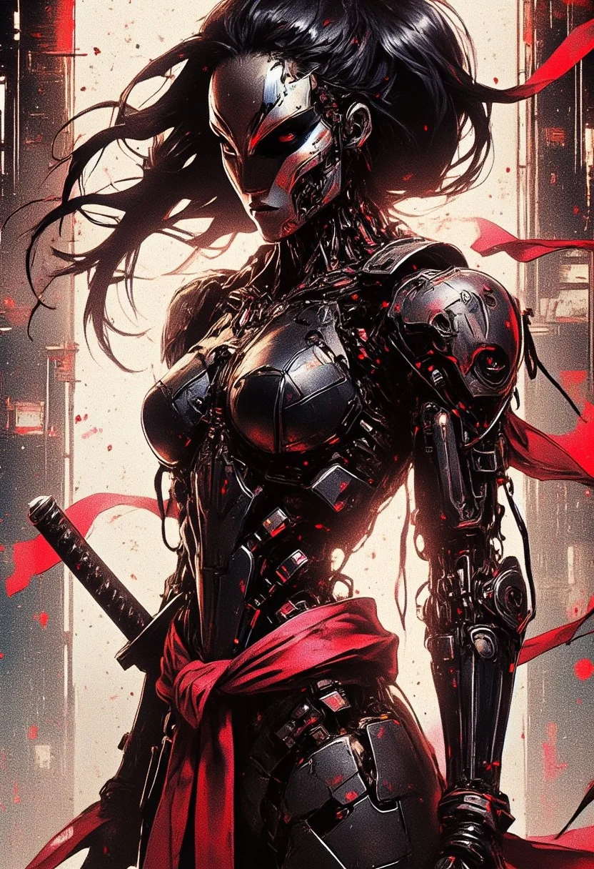 female cyberpunk robot samurai, robot face with mirrored face shield, hyperdetailed helmet, flowing black hair, reflective black and neon red armor, robot joints, body made of metals, cables and wires, a katana strapped to her back, abstract background suggesting eastern temple