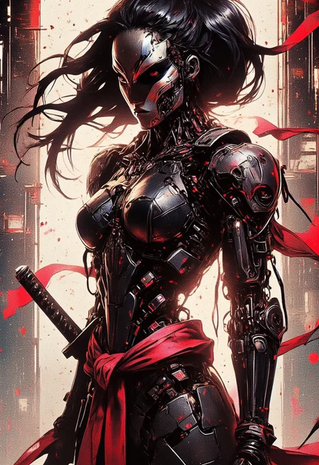female cyberpunk robot samurai, robot face with mirrored face shield, hyperdetailed helmet, flowing black hair, reflective black and neon red armor, robot joints, body made of metals, cables and wires, a katana strapped to her back, abstract background suggesting eastern temple