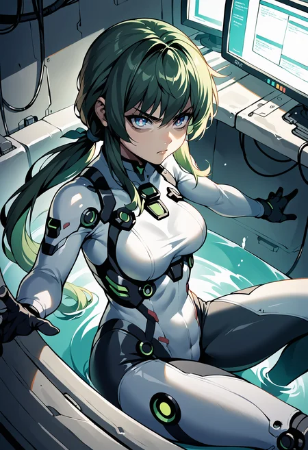 score_9, score_8_up, score_7_up, source_anime, <lora:hildakr-ponyxl-beta1-11:1>, HildaKRDef, green hair, low ponytail, gradient eyes, white pupils, medium breasts, bodysuit, diving suit, sitting, (lying:0.2), (knee up), futuristic, [bathtub:tube:0.1], cables, smoke, dim, serious, v-shaped eyebrows, black gloves, from above, dark, dramatic lighting, shaded face, cowboy shot, upper body, emerging, looking at viewer, looking up, liquid,thigh gap, hips, thighs, reaching towards viewer, laboratory, from side, partially submerged, arm support, monitor, splashing, (dutch angle)