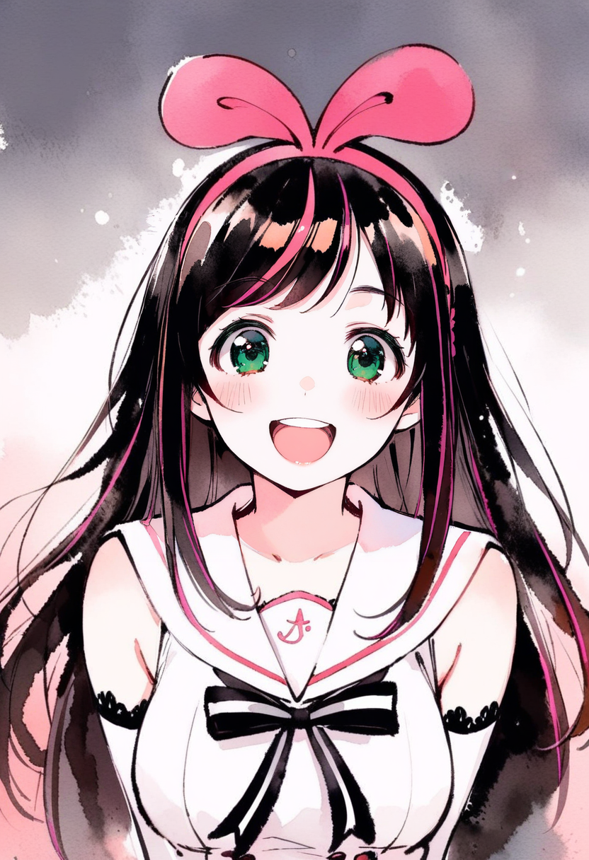 masterpiece, best quality,<lora:inkXL_ANI31_lokr_V43P1:0.95>monochrome, watercolor, 1girl, kizuna ai, virtual youtuber, solo, long hair, brown hair, pink hairband, smile, looking at viewer, hairband, open mouth, sailor collar, green eyes, upper body, multicolored hair, bow, streaked hair, shirt, :d, detached sleeves, pink hair, white sailor collar, sleeveless, sleeveless shirt, hair bow, white shirt, teeth, gradient background, straight-on