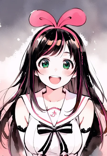 masterpiece, best quality,<lora:inkXL_ANI31_lokr_V43P1:0.95>monochrome, watercolor, 1girl, kizuna ai, virtual youtuber, solo, long hair, brown hair, pink hairband, smile, looking at viewer, hairband, open mouth, sailor collar, green eyes, upper body, multicolored hair, bow, streaked hair, shirt, :d, detached sleeves, pink hair, white sailor collar, sleeveless, sleeveless shirt, hair bow, white shirt, teeth, gradient background, straight-on