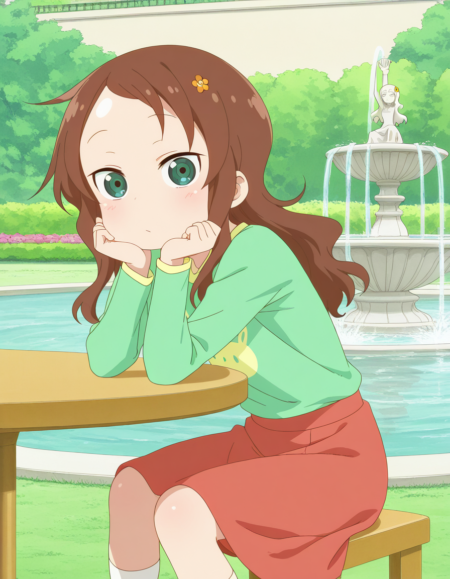 masterpiece, best quality, amazing quality,, <lora:riko-saikawa-s2-illustriousxl-lora-nochekaiser:1>, riko saikawa, long hair, brown hair, green eyes, hair flower, hair ornament, flower, anime screencap, skirt, shirt, long sleeves, red skirt, white socks, green shirt,, sitting, head rest, table,, fountain, water, spray, sculpture, garden, cowboy shot, solo, looking at viewer