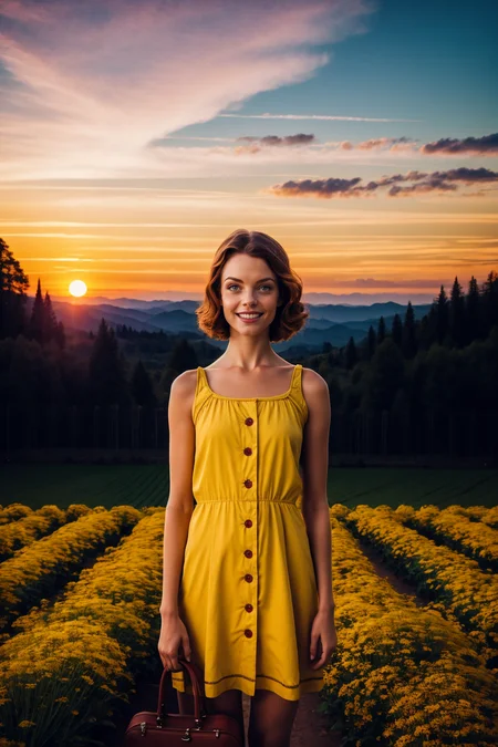 <lora:åæå¥³å­©:0.9>,mn,Adventure 1girl in the distance with a sundress,(looking at viewer, teasing smile),sunset,dawn,on a flower field,dark scene,masterpiece,realistic,reality,highres,slim,fit,thin body,Adventure,often for adventurous journeys,action-packed plots,or exploratory writing,