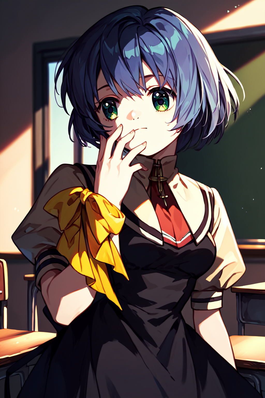 score_9, score_8_up, score_7_up, score_6_up, rating_safe, source_anime, best quality, masterpiece, detailed eyes, classroom, (looking away), touching own face, <lora:kirishima-kano-xl-04:1.2>, kirishima kano, air school dress uniform, black socks, yellow wrist ribbon, medium breasts, green eyes,