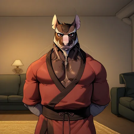score_9_up, score_8_up, score_7_up, high quality, detailed, source_furry, male, solo male, 1boy, Splinter, broad shoulders, mature male, red eyes, athletic build, animal ears, rat, brown body, bushy eyebrows, facial hair, beard, anthro, anthro male, smiling, looking at viewer, arms behind back, bust shot, half-body shot, living room, indoors, red robe
