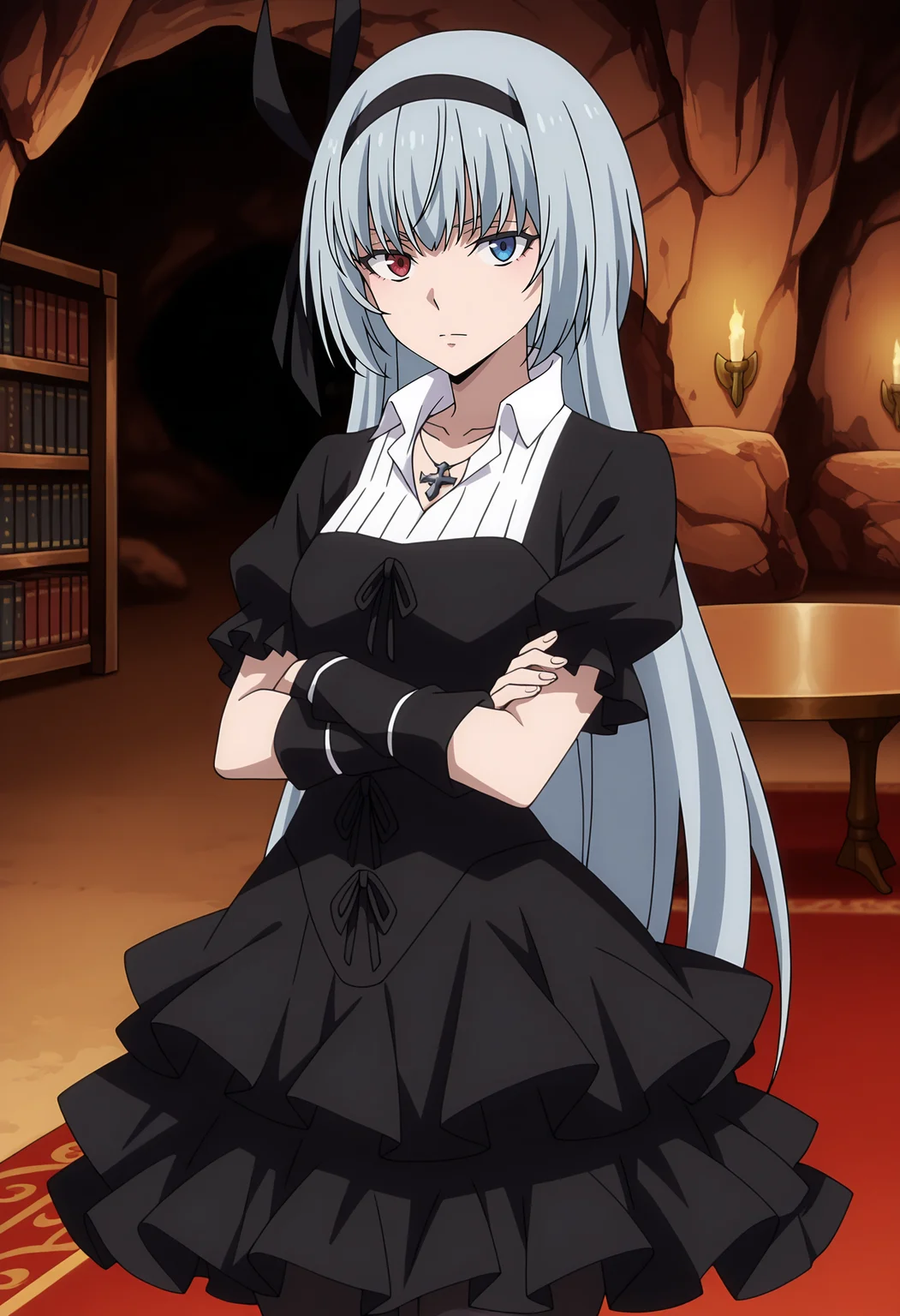 anime screencap, masterpiece, best quality,
<lora:TenSura_LuminousValentine_IlluXL:0.9>,
1girl, solo, closed mouth,
long hair, grey hair, heterochromia, red eyes, blue eyes, black hairband, hair ribbon, black ribbon,
frilled dress, black dress, puffy short sleeves, white shirt, cross necklace, arm warmers, layered skirt, black pantyhose,
crossed arms, looking at viewer, cowboy shot,
indoors, bookshelf, cave, carpet, table, night, blurry background
