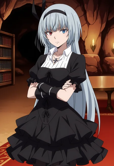 anime screencap, masterpiece, best quality,
<lora:TenSura_LuminousValentine_IlluXL:0.9>,
1girl, solo, closed mouth,
long hair, grey hair, heterochromia, red eyes, blue eyes, black hairband, hair ribbon, black ribbon,
frilled dress, black dress, puffy short sleeves, white shirt, cross necklace, arm warmers, layered skirt, black pantyhose,
crossed arms, looking at viewer, cowboy shot,
indoors, bookshelf, cave, carpet, table, night, blurry background