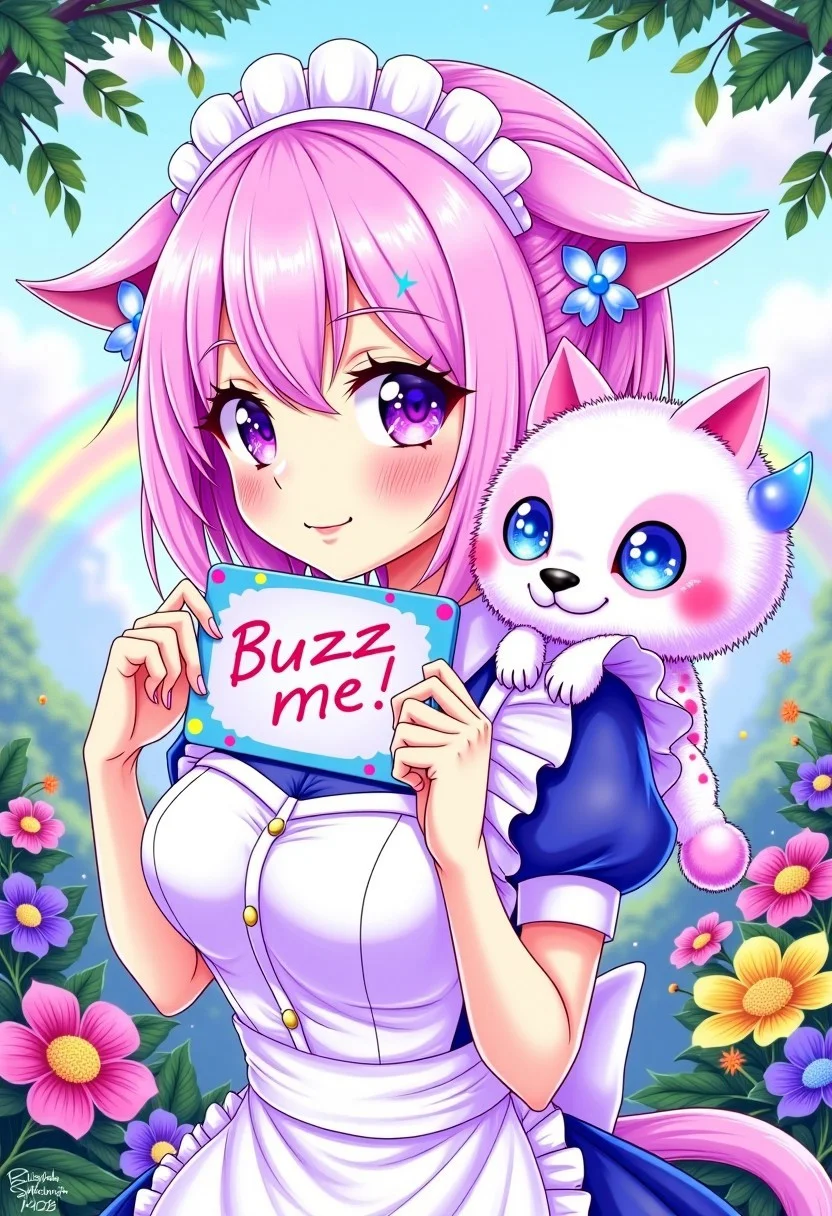 digital art, anime girl, pink hair, big boobs, maid, purple eyes, civchan holding a board with words"Buzz me", cute pet on her shoulder, rainbow, fluffy, white spots, blue eyes, large eyes, pink nose, small tail, blue tail tip, cute paws, standing, side view, jungle background, wild flowers, pastel colors, soft shading, cartoon style, adorable, fantasy creature, animal, detailed fur texture, pointy ears, whimsical, <lora:CivChan:1>
