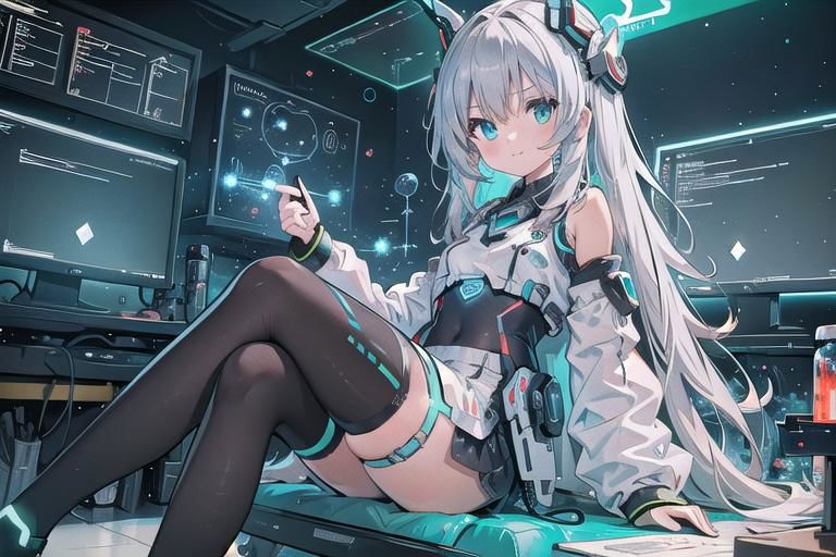 (masterpiece), (science fiction:1.4), 1girl, sitting, smile, silver hair, aqua eyes, headgear, long sleeves, detached sleeves, glowing energy clothing, light particles