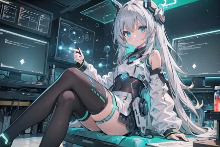 (masterpiece), (science fiction:1.4), 1girl, sitting, smile, silver hair, aqua eyes, headgear, long sleeves, detached sleeves, glowing energy clothing, light particles