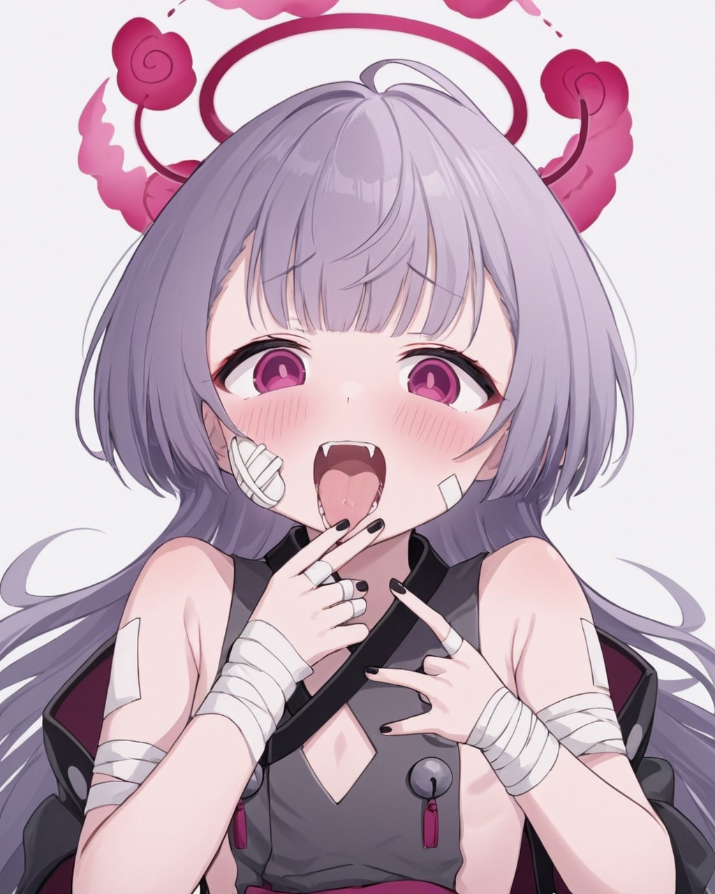 shuro \(blue archive\),1girl, simple_background, white_background, black_nails, disembodied_limb, blush, heart, ahoge, finger_in_another's_mouth, tongue_out, horns, bandages, looking_at_viewer, solo_focus, open_mouth, japanese_clothes, teeth, nail_polish, fangs, pov_hands, bandaid, 1boy, saliva, obi
<lora:shuro_(blue_archive)_image571_2023-12-03:1>halo. gorgeous,key visual, vibrant, studio anime,award-winning, professional, highly detailed,high budget, cinemascope