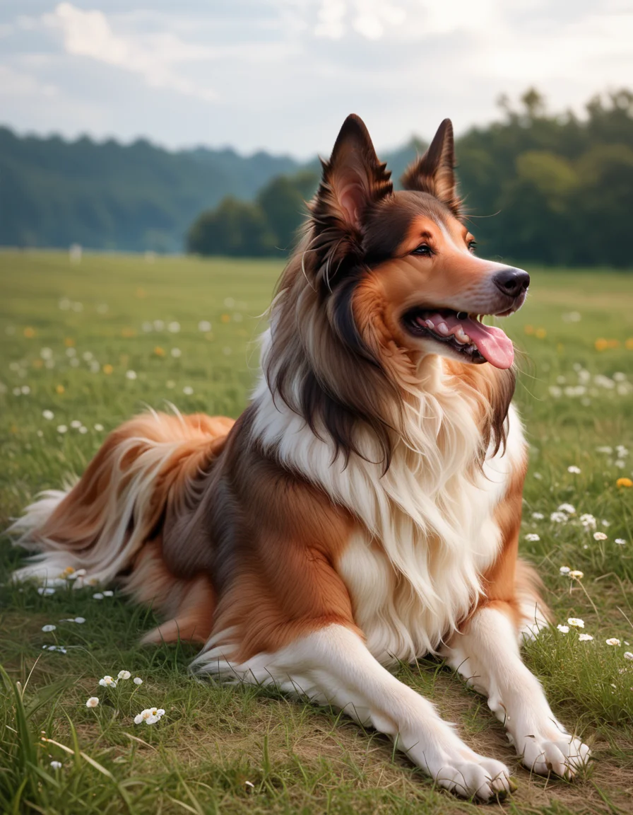 score_9, score_8_up, score_7_up, score_6_up, score_5_up, score_4_up, hud_c0llie_can1ne, no humans, dog, tongue out, <lora:collie:0.8>, outdoors, full body, on stomach, lying
