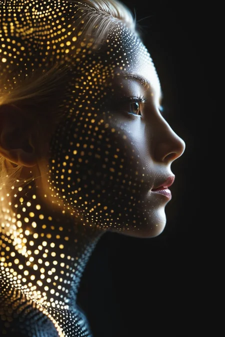 woman, face focus, blonde hair, dotstyle, abstract, black background, dark, glowing, profile,
<lora:DotStyle_SDXL:1>