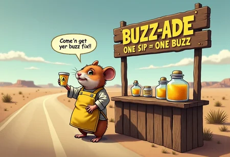 A tired but determined hamster stands at a little lemonade stand on the side of a dusty road in the middle of nowhere. The stand is crafted from old wood, with a hand-painted sign above it that says, âBuzz-ade: One Sip = One Buzz.â The hamster wears an apron thatâs too big, with rolled-up sleeves and a little chefâs hat tilted to one side. His cheeks are puffed up, and he looks slightly frazzled but hopeful, holding out a tiny cup of bright yellow lemonade with a buzz symbol on the cup.
Around him, jars filled with sparkling lemonade are stacked, and a small tip jar reads, âBuzz Donations Appreciated!â In the background, the open road stretches out to the horizon, with only a few tumbleweeds rolling by, emphasizing the hamsterâs isolated hustle.
A speech bubble floats above his head, saying:
âCome ân get yer buzz fix!â
This image captures a mix of determination and humor, showing the hamsterâs hard work as he tries to spread some buzz to any passerby who might come down this lonely road.
