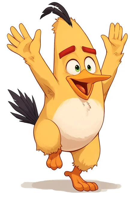 chuck_bird, b4n4n4d4b0i, angry birds, score_9, score_8_up, score_7_up, score_6_up, score_5_up, score_4_up, source_furry, hi res, sfw, solo, 2D artwork.
yellow plumage, triangular body, triangular head, black head tuft, black tail, tail feathers, long beak, white belly, thin build, feathered hands, winged arms, red eyebrows, green eyes, thin eyebrows, avian feet, banana-like body.
White background, standing on one leg, waving to the viewer, waving, smile, open mouth, standing, full body.
