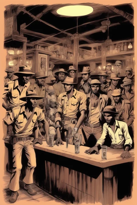<lora:Will Eisner Style:1>Will Eisner Style - jack kirby style drawing of the indiana jones style explorer's bar in nairobi with rogues and adventurers