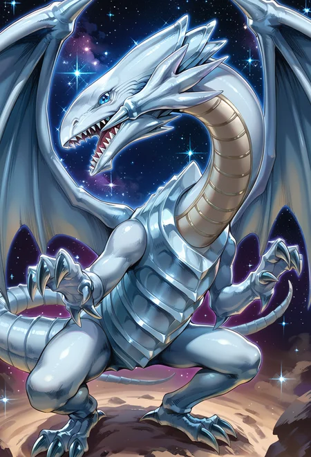 (score_9:0.9),score_8_up,score_7_up,rating_explicit,(zPDXL),(zPDXL3),
<lora:Maiden with Eyes of Blue PonyXL v1.2:0.8>,blue eyes white dragon,no humans,dragon,solo,open mouth,sharp teeth,sparkle,looking at viewer,full body,spread wings,space,official art,head tilt,standing,