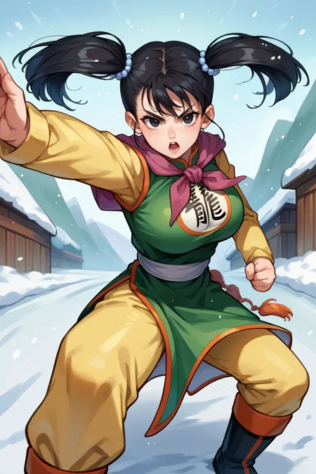 score_9, score_8_up, score_7_up, score_6_up, source_anime, BREAK 1girl, solo, <lora:dq3fighter-pdxl-nvwls-v1-000006:1> dq3fighter, black hair, twintails, black eyes, hair ornament, neckerchief, chinese clothes, green dress, yellow sleeves, long sleeves, yellow pants, boots, kicking, looking at you, open mouth, serious, snow, winter, big breasts, standing