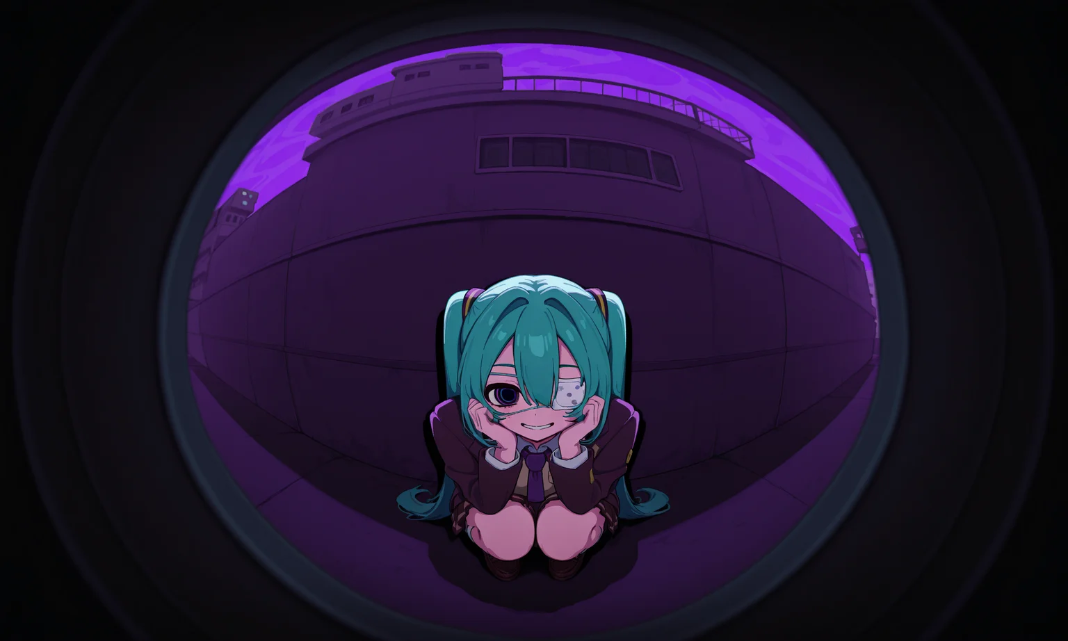 1girl, hatsune miku, hmmonitoring, peephole, very long hair, twintails, bangs, hair between eyes, medical eyepatch, school uniform, collared shirt, necktie, jacket, open jacket, long sleeves, pleated skirt, loafers, socks,
hands up, aqua hair, heterochromia, from above, squatting, suit, hands on own face, dark, evil smile, hands on own cheeks, fisheye
outdoors, building, noon, purple theme, abstract background,
rating safe, cakies22,
masterpiece, best quality, amazing quality, highres, newest, <lora:cakies22:1.0> <lora:mikumonitoring_dyn095_rank16:1.0>