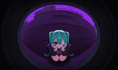 1girl, hatsune miku, hmmonitoring, peephole, very long hair, twintails, bangs, hair between eyes, medical eyepatch, school uniform, collared shirt, necktie, jacket, open jacket, long sleeves, pleated skirt, loafers, socks,
hands up, aqua hair, heterochromia, from above, squatting, suit, hands on own face, dark, evil smile, hands on own cheeks, fisheye
outdoors, building, noon, purple theme, abstract background,
rating safe, cakies22,
masterpiece, best quality, amazing quality, highres, newest, <lora:cakies22:1.0> <lora:mikumonitoring_dyn095_rank16:1.0>
