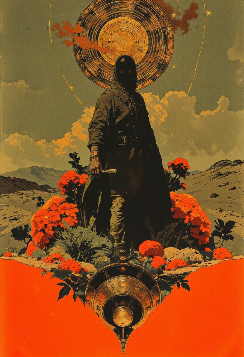 This digitally created collage combines traditional and modern art elements in a striking and harmonious composition. At its center is a black-and-white photograph of a person in traditional desert attire, featuring a flowing robe and a headscarf, with their face obscured by a black veil that adds mystery and cultural depth. They hold a staff or walking stick in their right hand, evoking a timeless and contemplative presence. Above the figure, the background transforms into a vibrant illustration of a desert landscape, crowned by a large, circular mandala in rich gold hues. The mandala is adorned with intricate, symmetrical patterns, lending it a celestial and spiritual aura. Surrounding this centerpiece are vivid clusters of red and orange flowers, their dynamic colors providing a lively contrast to the earthy desert tones. Below the person, the background shifts to a solid, bright orange, creating a bold, modern counterpoint. Embedded within this lower section is a circular metallic emblem with a textured, abstract design, offering a sleek, contemporary element to the piece. The seamless fusion of traditional and modern styles highlights cultural heritage while embracing artistic innovation, resulting in a visually captivating and thought-provoking artwork.
