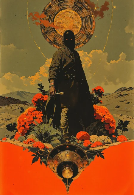 This digitally created collage combines traditional and modern art elements in a striking and harmonious composition. At its center is a black-and-white photograph of a person in traditional desert attire, featuring a flowing robe and a headscarf, with their face obscured by a black veil that adds mystery and cultural depth. They hold a staff or walking stick in their right hand, evoking a timeless and contemplative presence. Above the figure, the background transforms into a vibrant illustration of a desert landscape, crowned by a large, circular mandala in rich gold hues. The mandala is adorned with intricate, symmetrical patterns, lending it a celestial and spiritual aura. Surrounding this centerpiece are vivid clusters of red and orange flowers, their dynamic colors providing a lively contrast to the earthy desert tones. Below the person, the background shifts to a solid, bright orange, creating a bold, modern counterpoint. Embedded within this lower section is a circular metallic emblem with a textured, abstract design, offering a sleek, contemporary element to the piece. The seamless fusion of traditional and modern styles highlights cultural heritage while embracing artistic innovation, resulting in a visually captivating and thought-provoking artwork.
