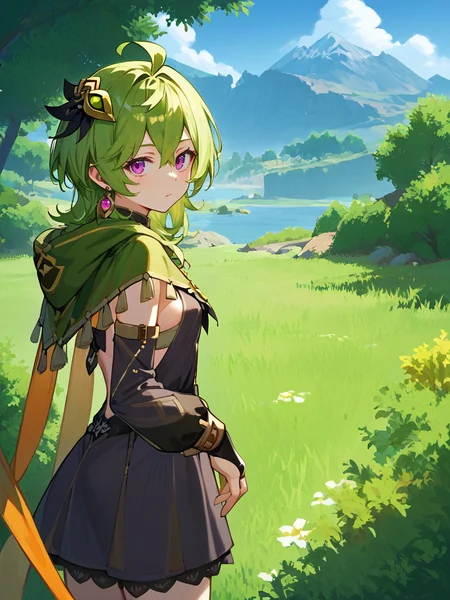 score_9, score_8_up, score_7_up, score_6_up, score_5_up, score_4_up, source_anime, official art, (1girl, solo, looking at viewer, cowboy shot:1.2),  <lora:mondstadt_background-ponyxl-v11h:0.8>, field, mondstadt, outdoors, scenery, landscape, sky, cloud, nature, tree, grass, rock, bush, water, mountain,   <lora:Collei_v1-000010:0.9>, colleidef, green hair, medium hair, purple eyes, hair ornament, hair between eyes, ahoge, small breasts, earrings, single earring, jewelry, green capelet, black dress, detached sleeves, puffy long sleeves, backless dress, bridal gauntlets, crossed bangs
