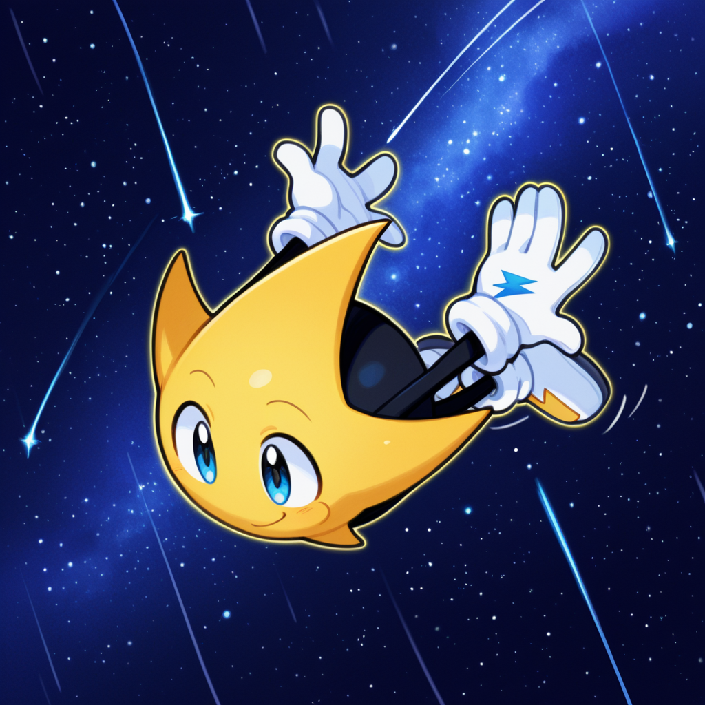 score_9, score_8_up, score_7_up, score_6_up,masterpiece,highly detailed,simple colors,1boy,ristar,white gloves,white shoes,white shoes with yellow lightning logo, flying, shooting star pose, stretchy arms,arms stretched out behind,grabbing,stars,nightsky,milky way,glowing outline, yellow outline,motion lines,smiling,hands by feet,thick outline