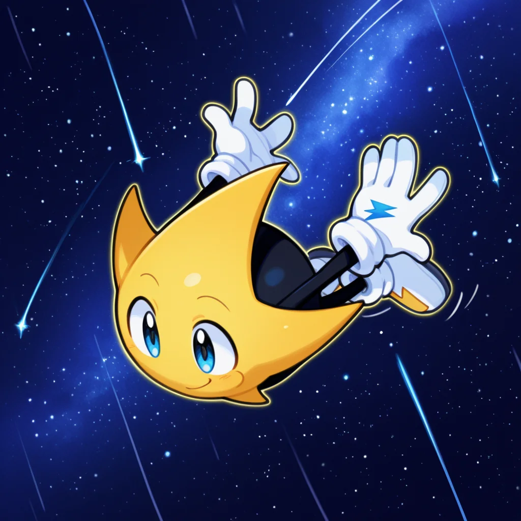 score_9, score_8_up, score_7_up, score_6_up,masterpiece,highly detailed,simple colors,1boy,ristar,white gloves,white shoes,white shoes with yellow lightning logo, flying, shooting star pose, stretchy arms,arms stretched out behind,grabbing,stars,nightsky,milky way,glowing outline, yellow outline,motion lines,smiling,hands by feet,thick outline