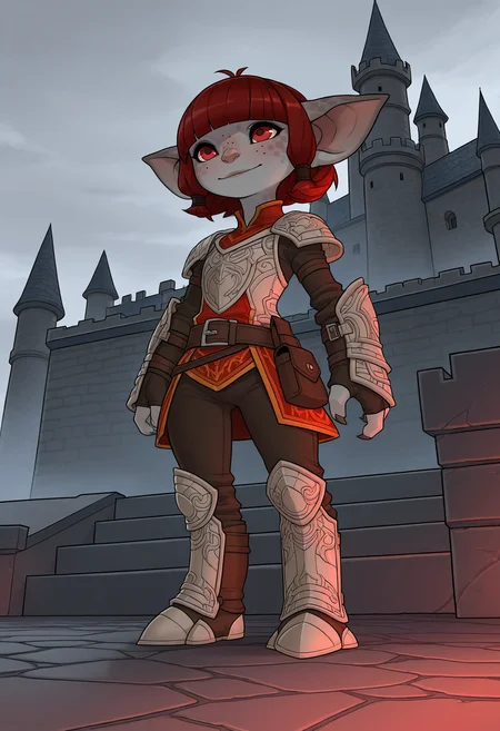masterpiece, best quality, Asura, female, Guild Wars 2, grey skin, spots, freckles, red eyes, red hair, short hair, blunt bangs, perky ears, 4 fingers, claws, small body, short, flat-chested,
armor, pants, boots, tunic, 3 toes,
detailed background, castle, fantasy,
<lora:AsuraIL_v1:0.8>
