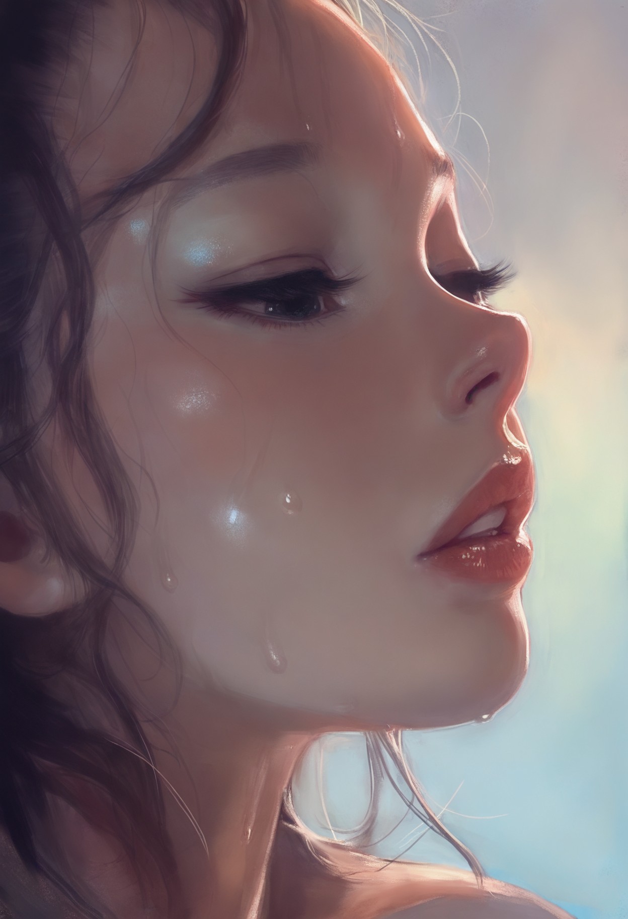 masterpiece, best quality, realistic, traditional media, intricately detailed, 1girl, solo, close-up, lips, sweat, parted lips, backlighting, high contrast, gradient background<lora:1equals2_V1_6_NoobAI:0.8>