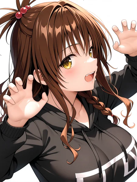 masterpiece,best quality,newest,
1girl,solo,general,big breasts,
<lora:y_mikan_ilxl_v1.8:1>,y_mikan,brown hair,long hair,yellow eyes,hair ornament,hair bobbles,long_sleeves,black hoodie,<lora:Fixhands_anime_bdsqlsz_V1:1>,front view,dynamic_angle,face_focus,kind_smile,open mouth,blush,profile,twin braids,claw pose,white_background,simple_background,looking_at_viewer,