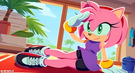 score_9,score_8_up,score_7_up, 1girl, solo, <lora:sonicchannel2-14:0.9>, sonic channel (style), <lora:Amy_Rose:1> amy rose, furry female, pink fur, short hair, green eyes, pink hair, red headband, exercise, indoors, purple shirt, black shorts, dutch angle, happy, looking at viewer, salute, full body, black sneakers, white gloves, gold bracelet, window, palm tree