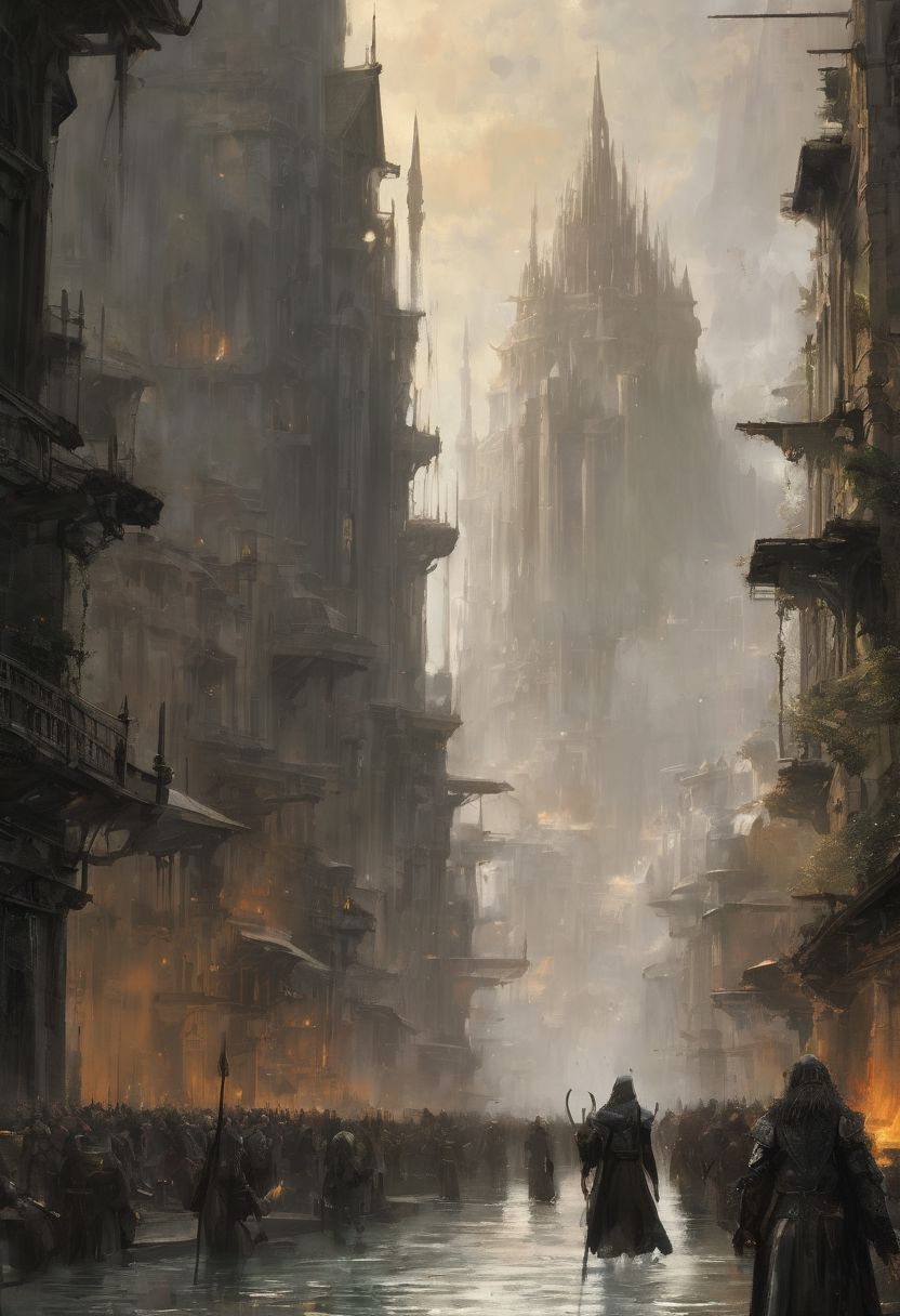 city by Jeremy Mann, 
Sauron was initially called Mairon, he was a Maia in the service of Aulë, as was Saruman. He was well versed in the art of magic and blacksmithing and had great ability in this field. Mairon followed Melkor in his quest to rule the earth and became his most terrible lieutenant. He will be at the origin of the death of Finrod Felagund and as Annatar, Lord of the gifts, he will forge the rings of powers with the help of Celebrimbor who did not listen to the advice of distrust of Galadriel and Gil- Galad about Annatar, which will cost him his life. Great was the influence of Sauron over men thanks to these rings of power and disproportionate was the greed of the Dwarves and their love for all the riches that the mountains brood. But the Elves were wary of this gift and only used their rings to preserve their people, their lands. When the One Ring was cut from Sauron's finger, Isildur did not have the heart to destroy it and keep it for himself but it cost him his life and the ring disappeared. It will be centuries before the ring falls into Frodo's hands and he destroys it in Mount Doom, thus definitively eradicating Sauron's spirit.
