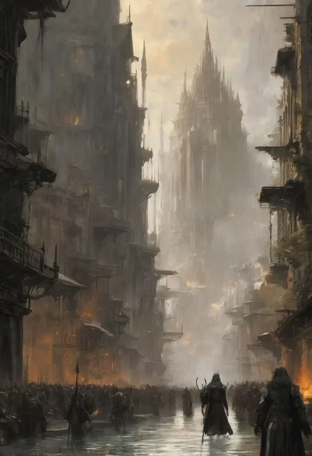 city by Jeremy Mann, 
Sauron was initially called Mairon, he was a Maia in the service of Aulë, as was Saruman. He was well versed in the art of magic and blacksmithing and had great ability in this field. Mairon followed Melkor in his quest to rule the earth and became his most terrible lieutenant. He will be at the origin of the death of Finrod Felagund and as Annatar, Lord of the gifts, he will forge the rings of powers with the help of Celebrimbor who did not listen to the advice of distrust of Galadriel and Gil- Galad about Annatar, which will cost him his life. Great was the influence of Sauron over men thanks to these rings of power and disproportionate was the greed of the Dwarves and their love for all the riches that the mountains brood. But the Elves were wary of this gift and only used their rings to preserve their people, their lands. When the One Ring was cut from Sauron's finger, Isildur did not have the heart to destroy it and keep it for himself but it cost him his life and the ring disappeared. It will be centuries before the ring falls into Frodo's hands and he destroys it in Mount Doom, thus definitively eradicating Sauron's spirit.