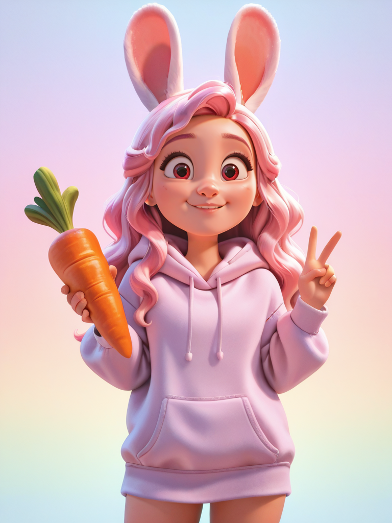 DisneyStudioXL, cinematic,
cute girl, rabbit ears, pink hair, wavy hair, red eyes, surprised, hoodie, v, holding a carrot, looking at viewer, cowboy shot, smile, cute, solo, multicolored background, 
 <lora:DisneyStudios_style-12IL:1>