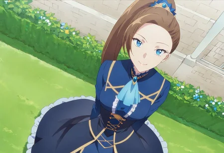masterpiece, best quality, 1girl, outdoors, looking at viewer, solo, highres, brown hair, long hair, ponytail, blue eyes,
(Katarina Claes, wear blue original Victorian dress :1.0), dynamic pose, at beautiful garden , seductive smile, detailed eyes, best quality, medium shot, sitting on edge of white wall,
random Camera angle,
score_9, score_8_up, score_7_up, rating_explicit, epiCPhoto, sharp avn award winning photo, ultrasharp, artistic photoshoot, masterpiece, best quality, detailed painting,
