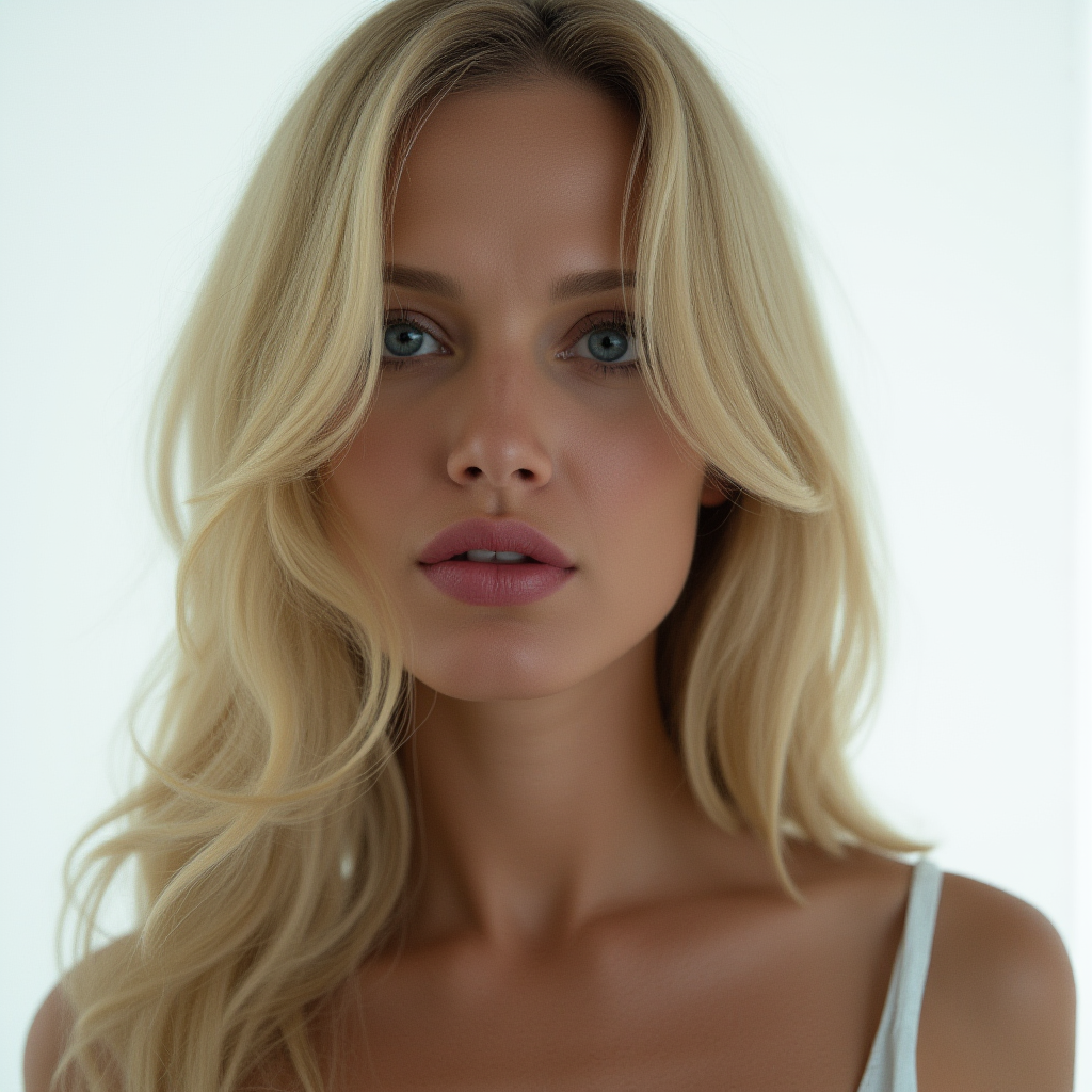 cinematic film still of  <lora:perfection style v2d:0.9>
A perfect photo of a woman with blonde hair and a necklace,1girl,solo,long hair,looking at viewer,blonde hair,simple background,white background,closed mouth,lips,portrait,realistic , detailed face, detailed body, detailed hands, detailed eyes, detailed nose, detailed ears, detailed hair, detailed, perfection, detailed teeth, detailed skin texture, wrinkly, detailed fingers, detailed mouth, beauty, realism, real, detailed hair, detailed pores, detailed background, sharp image, detailed lips, different race, different color, different haircut, different skin tone, different, different people, different pose, perfection style, shallow depth of field, vignette, highly detailed, high budget, bokeh, cinemascope, moody, epic, gorgeous, film grain, grainy