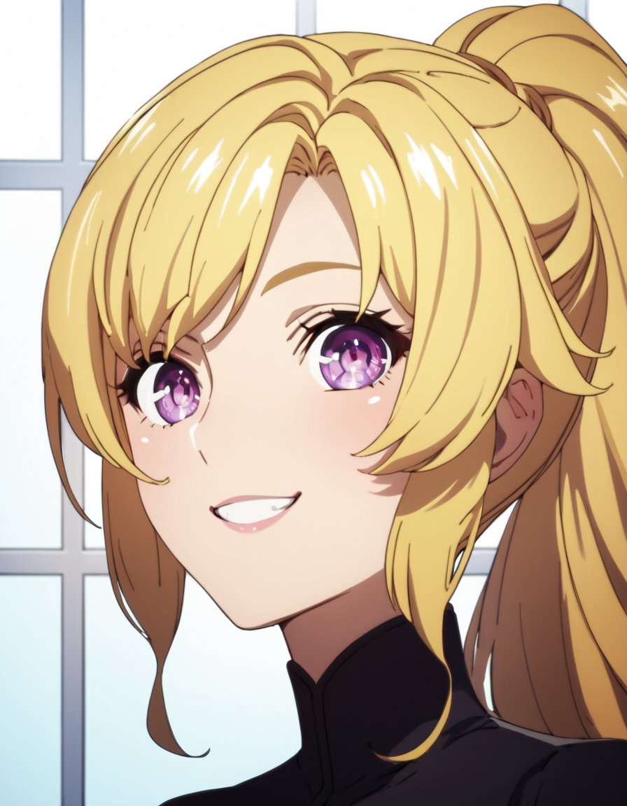 score_9, score_8_up, score_7_up, score_6_up, score_5_up, score_4_up, source_anime,  YangXiaoLong, long hair, blonde hair, purple eyes, ponytail, , soft smile, portrait