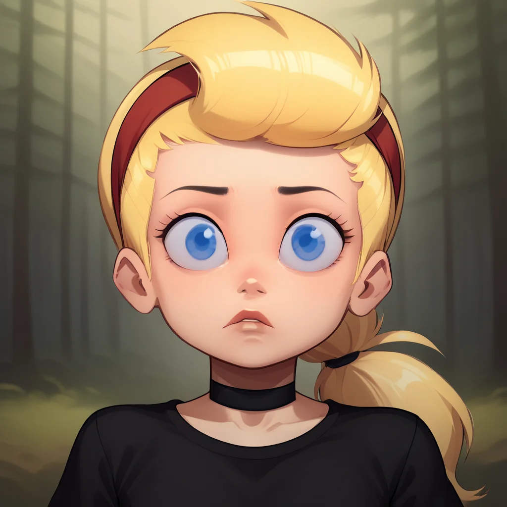 score_7_up, BREAK, 1girl, solo, SissyBlakely, blue eyes, blonde hair, low ponytail, red hairband, black choker, black shirt, <lora:SissyBlakely_PXL_Leaf2:1>, forest, portrait,