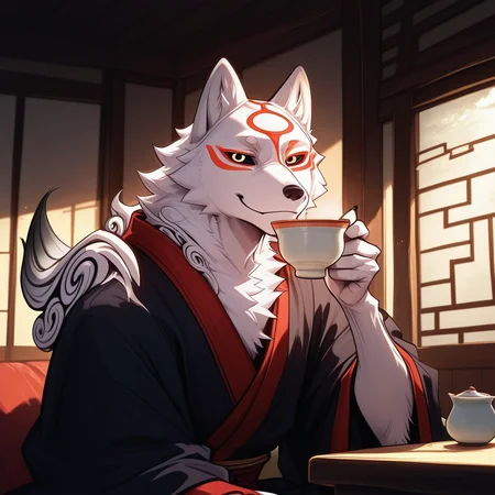 score_9_up, score_8_up, score_7_up, masterpiece, best quality, amazing quality, very aesthetic, absurdres, newest, safe_pos, high quality, detailed, male, solo male, Amaterasu, 1boy, mature male, male, wolf, white fur, red markings on face, red markings, anthro, athletic build, broad shoulders, animal ears, black sclera, yellow eyes, black and red robe, looking at viewer, half body, smiling, indoors, Japanese interior, sitting, cup of tea in hand, volumetric lighting