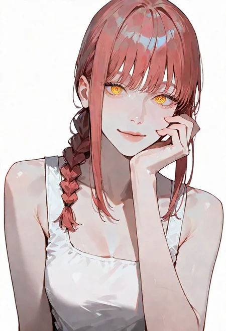 1girl, makima_(chainsaw_man),chainsaw_man,"makima \(chainsaw man\), chainsaw man","1girl, ringed eyes, yellow eyes, red hair, long hair, medium hair, braided ponytail, sidelocks. beautiful, detailed eyes, \(hairstyle\), young, blue eyes, white top, muted colors, {{beautiful detailed face}}, semi-realistic, {{aesthetic}}, {{{best quality}}}, stunning, perfect body, soft features, looking at viewer, {playful|smirking} \(expression\), upper body, leaning, hand on face