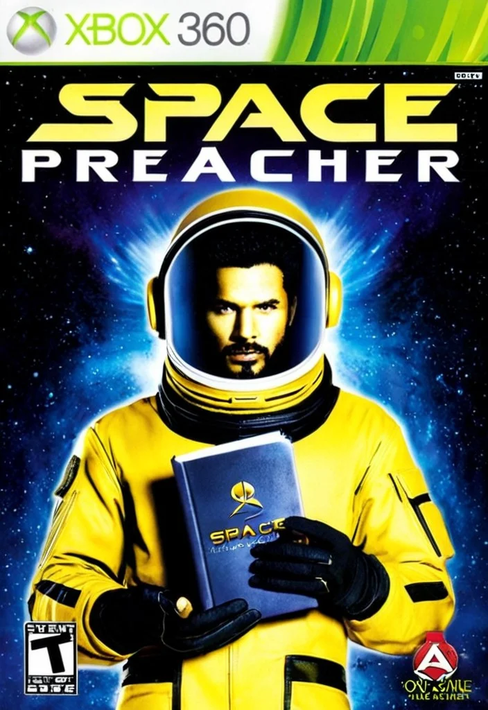 horror style xb0xc0ver, xbox360 video game cover of game called "Space Preacher",yellow and black military suit, holding a religious book,futuristic,<lora:Xbox360Cover4:0.9>