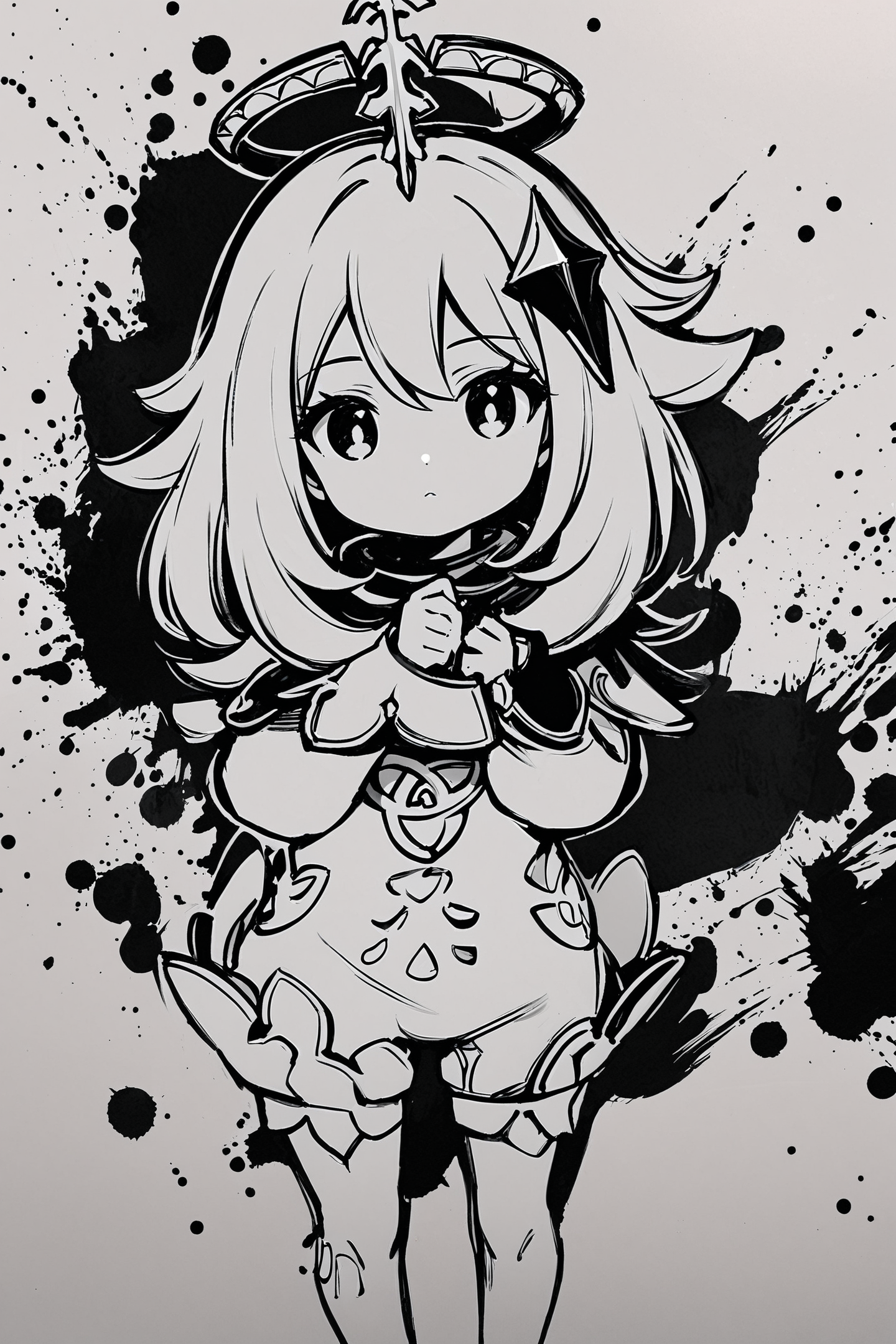score_9,score_8_up,score_7_up,masterpiece,best quality,
paimon \(genshin impact\),1girl,monochrome,greyscale,halo,solo,hair ornament,closed mouth,long sleeves,short hair,ink backround,
<lora:okazu_XL_PONY:0.9>,