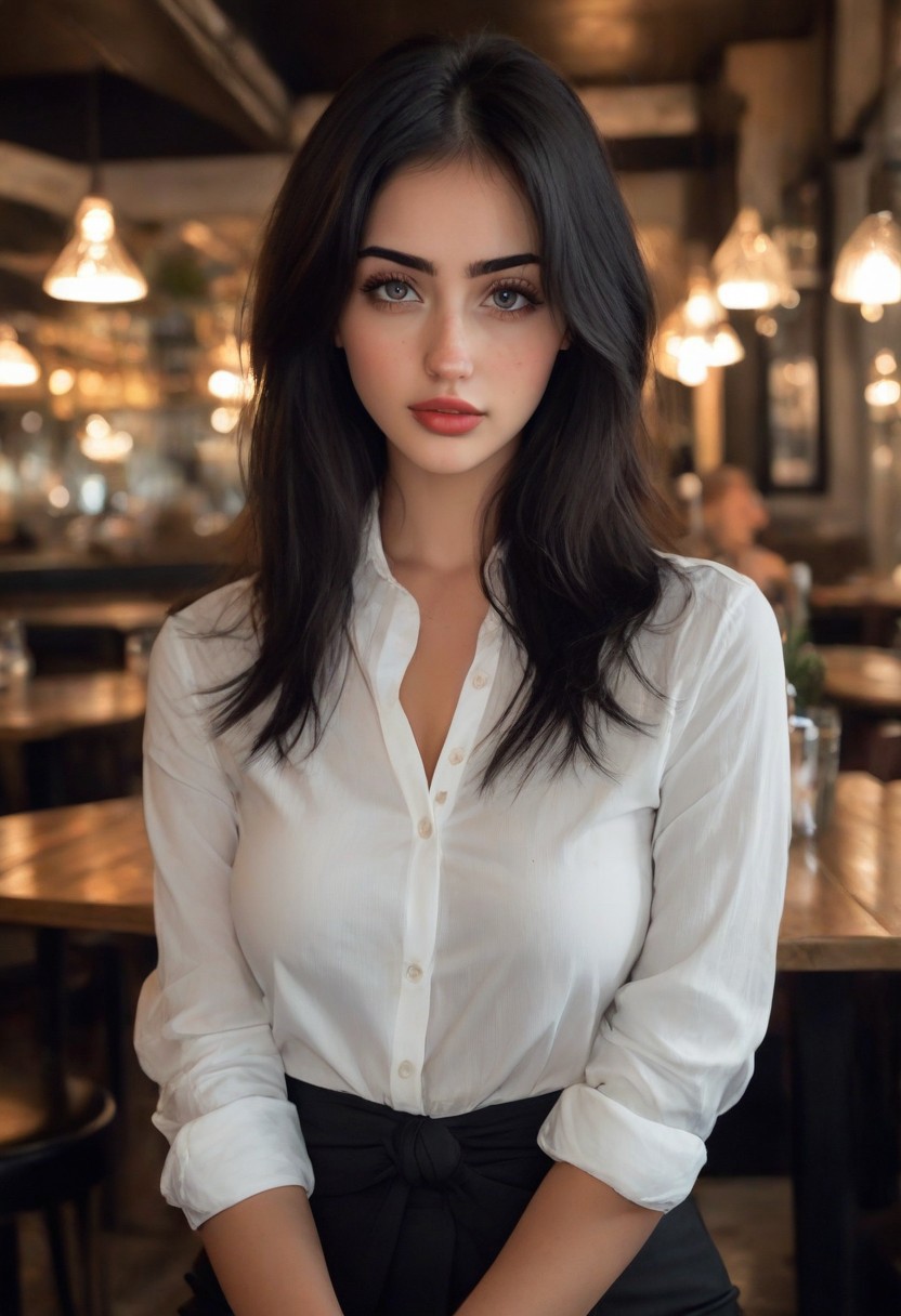 28yo busty girl xxsxx (Long hair, black hair, ahoge, big breasts) wearing (knotted white shirt, pencil skirt), sit in restaurant