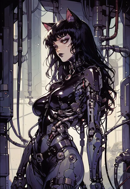 score_9, score_8_up, score_7_up, score_6_up, 1girl, cyb0rg, solo, science fiction, cable, mechanical parts, cat ears, long hair, gothic, large breasts, full body, latex, collar, high heels,