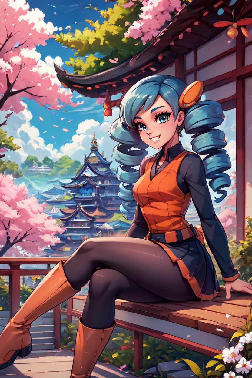 score_9, score_8_up, score_8, medium breasts, (curvy), cute, eyelashes,       ,,, , ,,, zzABW, blue hair, blue eyes, drill hair, orange vest, belt, skirt, black pantyhose, knee boots, scrunchie,  <lora:AceTrainerBW_Pokemon_PDXL:0.8>,  ,,,, BREAK, sitting on bench, side view, smile, looking at viewer, cowboy shot,  ,,, BREAK, pnkBldng, sky, day, cloud, tree, blue sky, building, architecture, east asian architecture,  ,,, BREAK, embedding:zPDXL, Expressiveh,  ,,, <lora:PinkBuildingsPDXL_v2:0.6>, <lora:SDXLFaeTastic2400:0.5>, <lora:Expressive_H-000001:0.4>