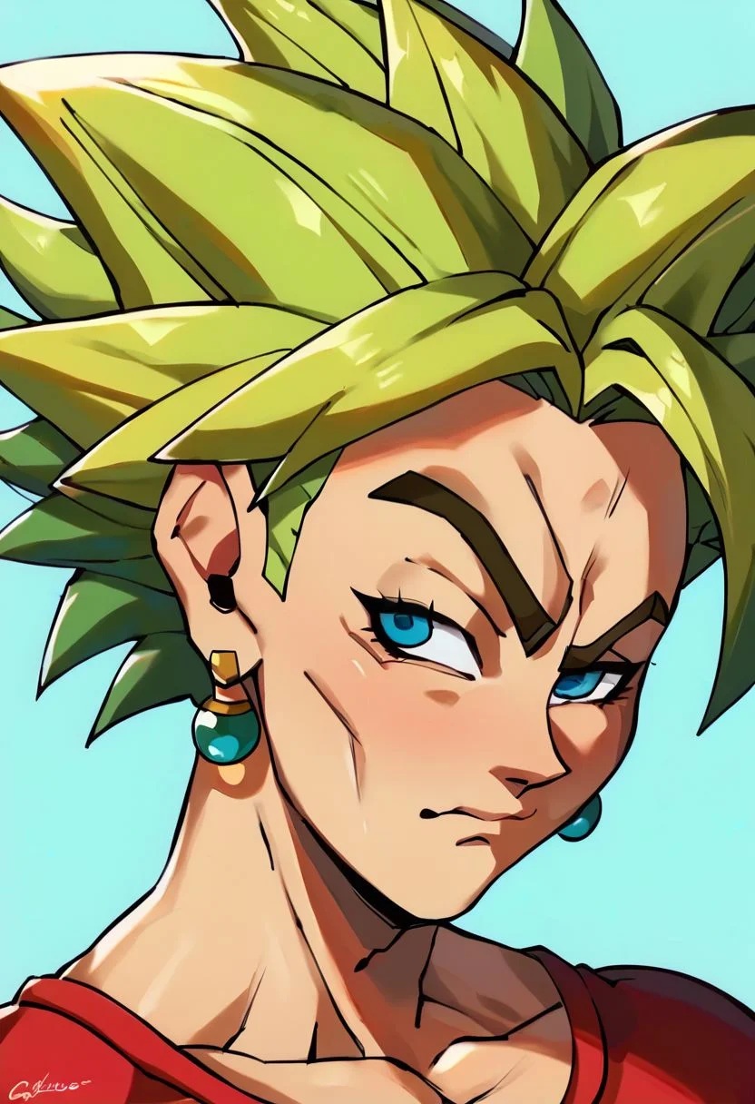 highly detailed, score_9, score_8_up, score_7_up, uncensored, masterpiece, 1girl, KeflaSDXL, blue eyes, jewelry, collarbone, earrings, green hair, spiked hair, super saiyan, RocksEyebrowRaise, upper body, portrait, raised eyebrow, thick eyebrows