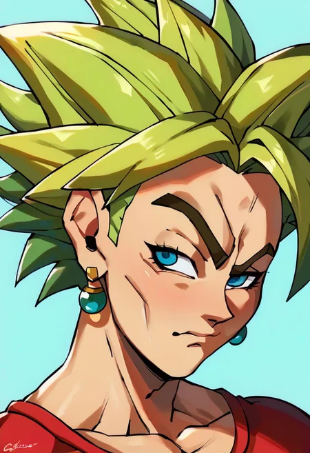 highly detailed, score_9, score_8_up, score_7_up, uncensored, masterpiece, 1girl, KeflaSDXL, blue eyes, jewelry, collarbone, earrings, green hair, spiked hair, super saiyan, RocksEyebrowRaise, upper body, portrait, raised eyebrow, thick eyebrows